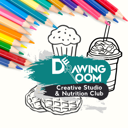 De Drawing Room Creative Studio and Nutrition Club logo with colouring pencils and drawings of nutritious meals.